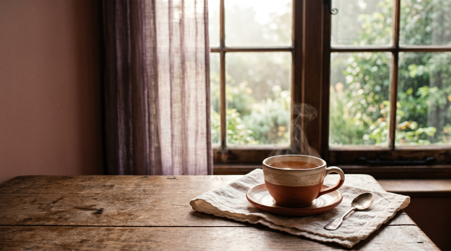 Dampfende Teetasse am Fenster — Sinnbild für Ruhe und Burnout-Prävention