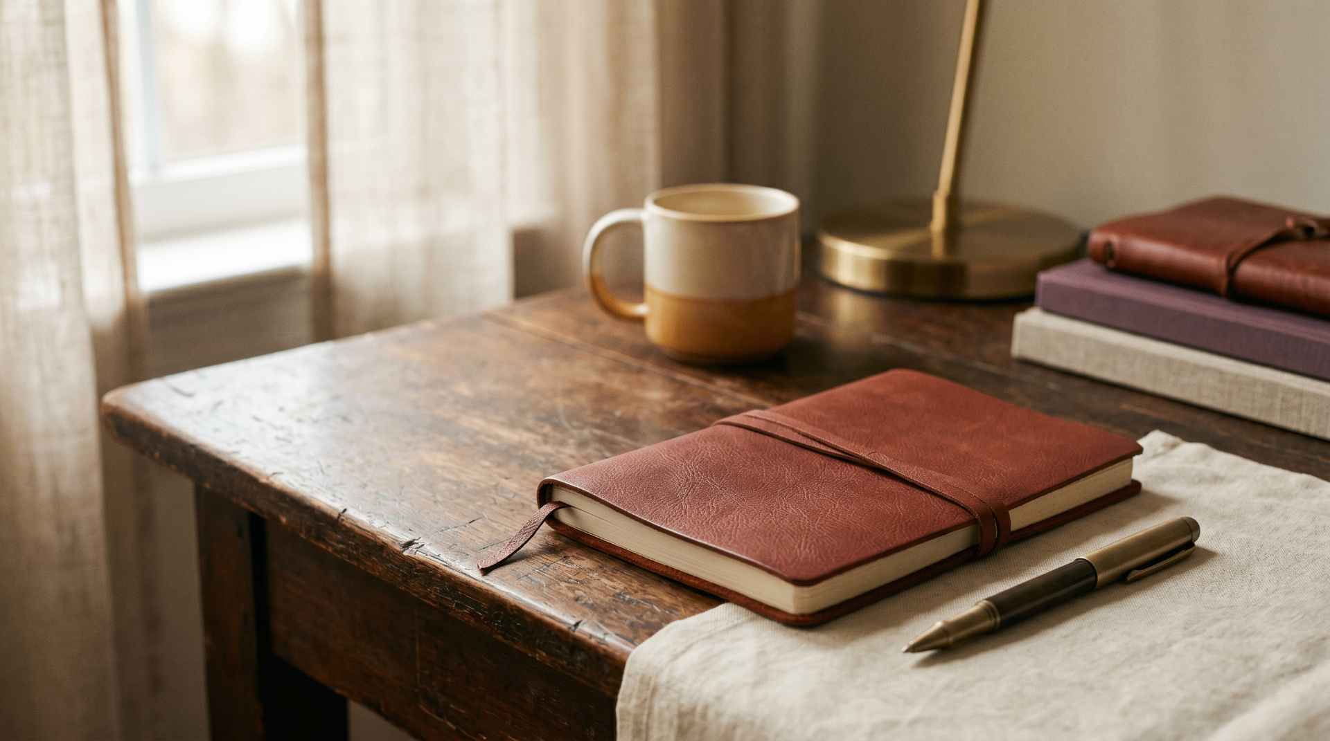Ledergebundenes Notizbuch und Tasse auf einem Holztisch — Sinnbild für ruhige, vertrauliche HR-Beratung